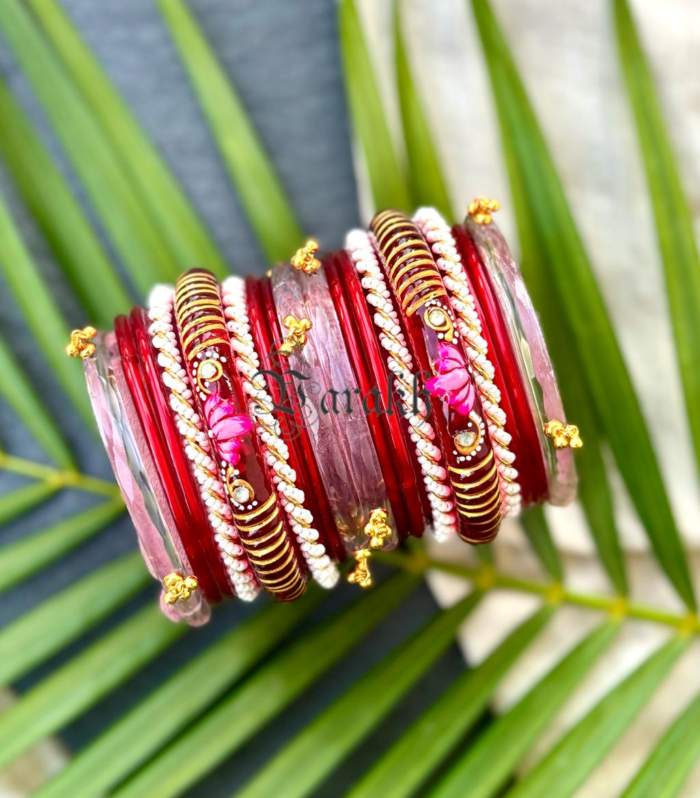 Lotus Motif 3-Sided Glass Bangle with Kundan Detailing