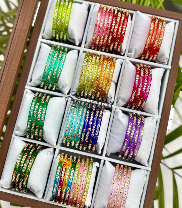 6mm Kundan Glass Bangles with Hand-Painted Floral